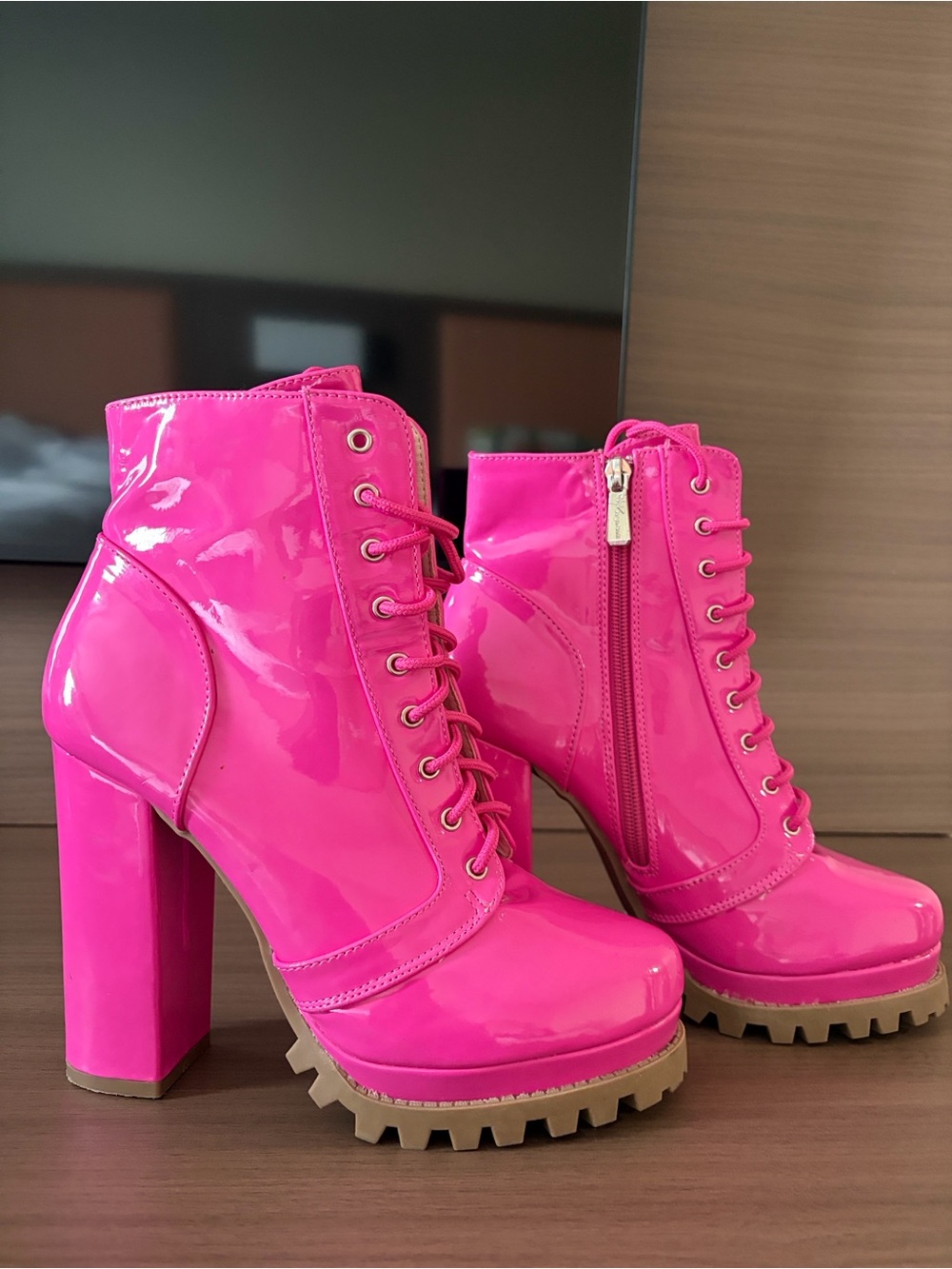 Women's Patent Hot Pink Lace-Up Platform Ankle Boots
